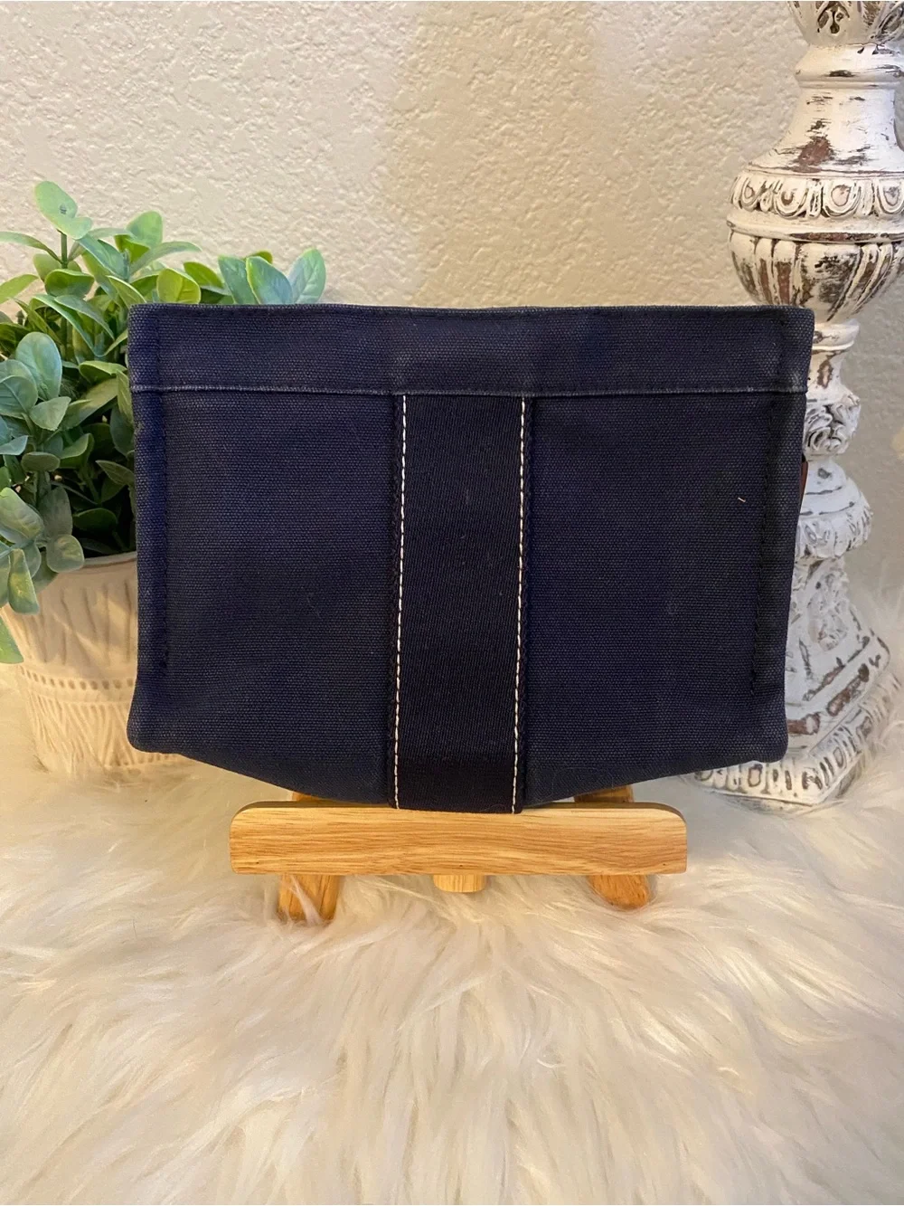 Hermes Navy Canvas Cosmetic Pouch with Contrast Stitching